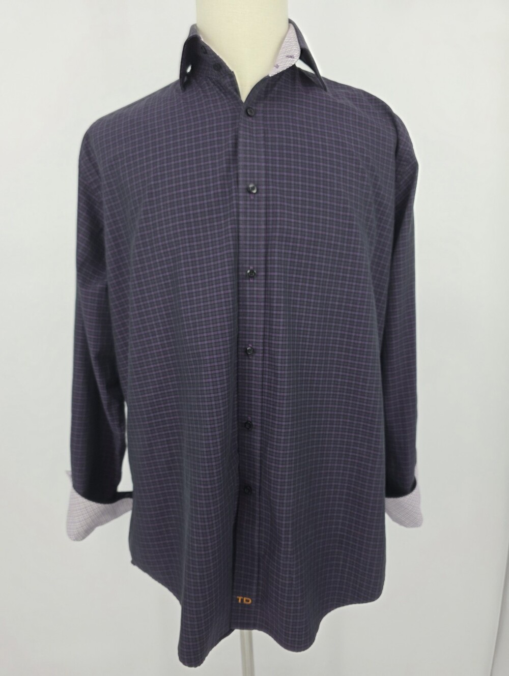 Thomas Dean Purple Black Plaid Button Down Shirt Pima Cotton Men's Large